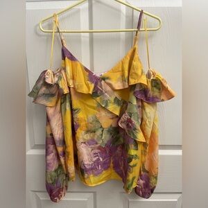 Express Yellow and Purple Floral Ruffle Blouse Business Women